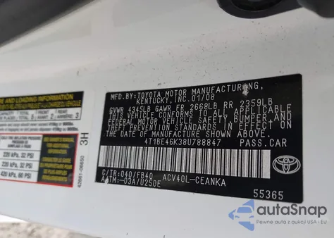 2008 Toyota Camry Le from USA, damaged, VIN 4T1BE46K38U788847